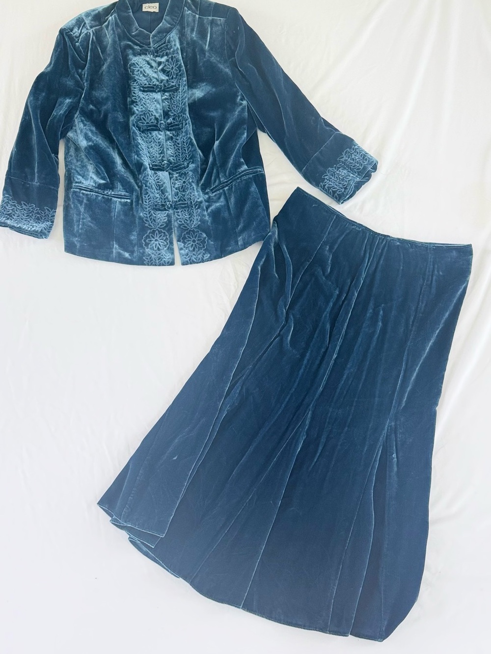 VTG Silk Blend Velvet Skirt Suit Womens 
M/L Teal Whimsigoth 90s Gothic Glam